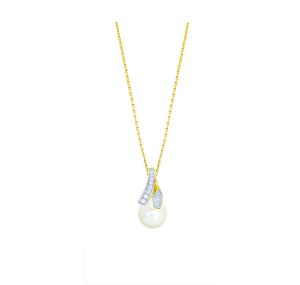 Collier Perle De Culture Eau Douce Oxyde De Zirconium Or Jaune+Rh 